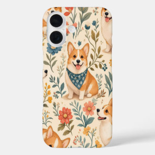 Coque Pour iPhone 16 Motif de jardin floral Corgi mignon