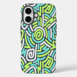 Coque Pour iPhone 16 Motif de labyrinthe ondulé néon vert et cyan