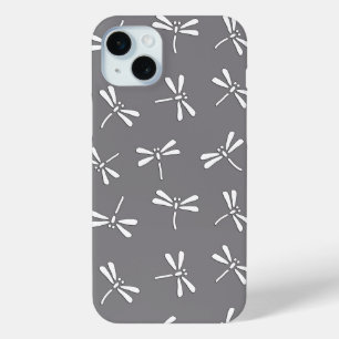 Coque iPhone 15 Mini Motif de libellules japonais, gris / gris et blanc