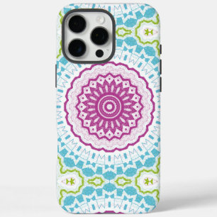 Coque iPhone 16 Pro Max Motif de mandala bleu magenta et vert