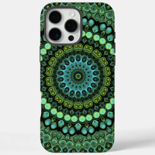 Coque iPhone 16 Pro Max Motif de mandala kaléidoscope vert et sarcelle