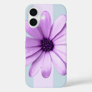 Coque Pour iPhone 16 motif de marguerite rayée de bleu et de violet
