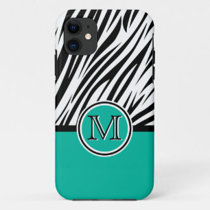 Coque iPhone 11 Motif de monogramme bleu turquoise