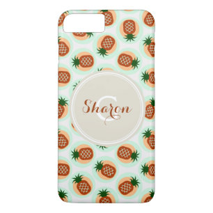 Coque iPhone 8 Plus/7 Plus Motif de monogramme de ananas marron et menthe rét