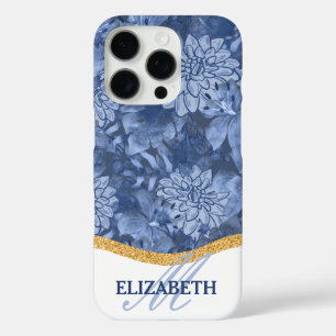 Coque iPhone 16 Pro Motif de monogramme floral aquarelle - Bleu sur bl