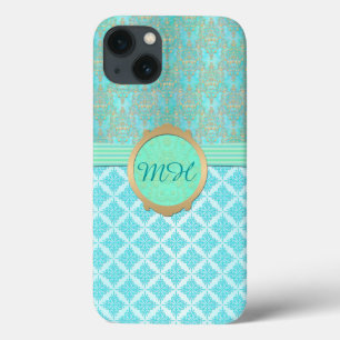 Coque Case-Mate iPhone Motif de monogramme personnalisé en damas turquois