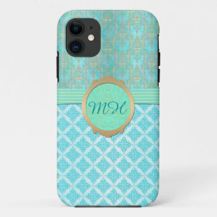 Coques Pour iPhone Motif de monogramme personnalisé en damas turquois