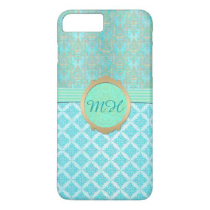 Coque Case-Mate iPhone Motif de monogramme personnalisé en damas turquois