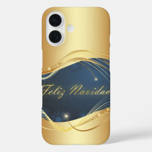 Coque Pour iPhone 16 Motif de Noël doré avec fond bleu...