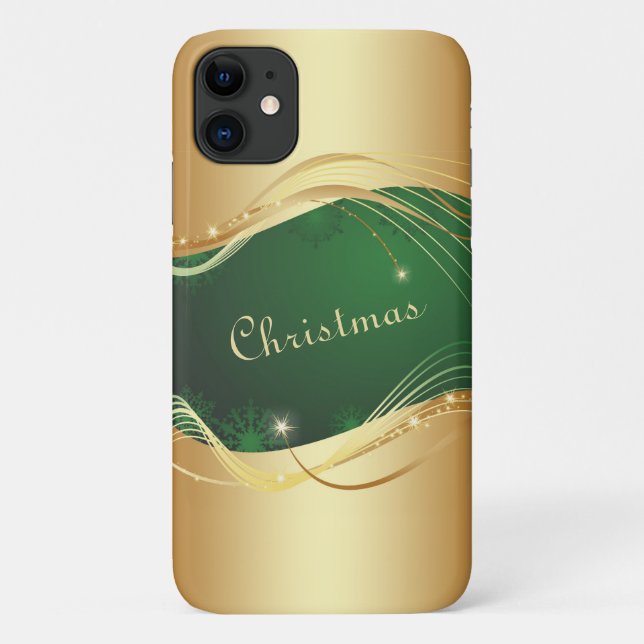 Coques Case-Mate iPhone Motif de Noël doré avec fond vert... (Dos)