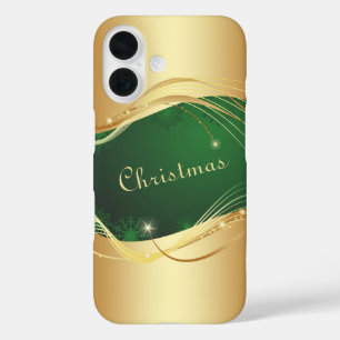 Coque Pour iPhone 16 Motif de Noël doré avec fond vert...