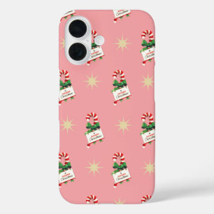 Coques iPhone 16 Motif de Noël Vintage, Sucres de canne avec rose