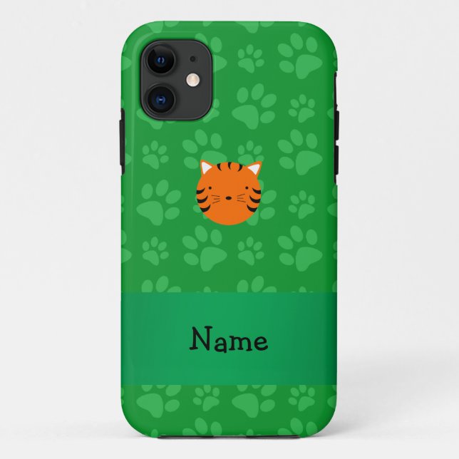 Coques Case-Mate iPhone Motif de patte verte face tigre de nom personnalis (Dos)
