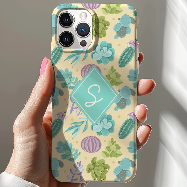 Coques Case-Mate iPhone Motif de plante de cactus succulente avec monogram (Créateur téléchargé)