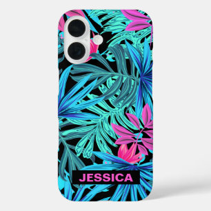 Coque Pour iPhone 16 Motif de plante tropicale rose bleu néon personnal