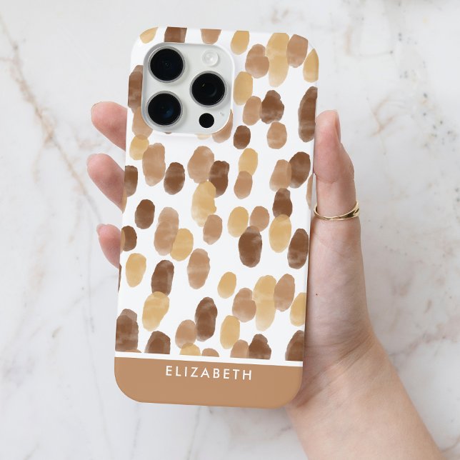 Coques Case-Mate iPhone Motif de point de aquarelle marron moderne personn (Personalized Brown Modern Watercolor Dot Pattern Case-Mate iPhone Case)
