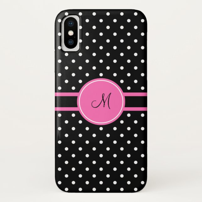 Coques Case-Mate iPhone Motif de point de Polka blanc et noir Monogram (Dos)