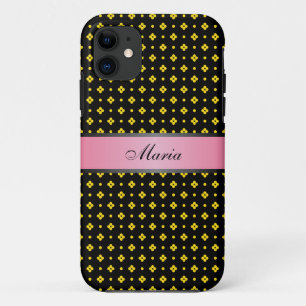 Coque Case-Mate iPhone Motif de points jaunes Rose 2 Nom personnalisé