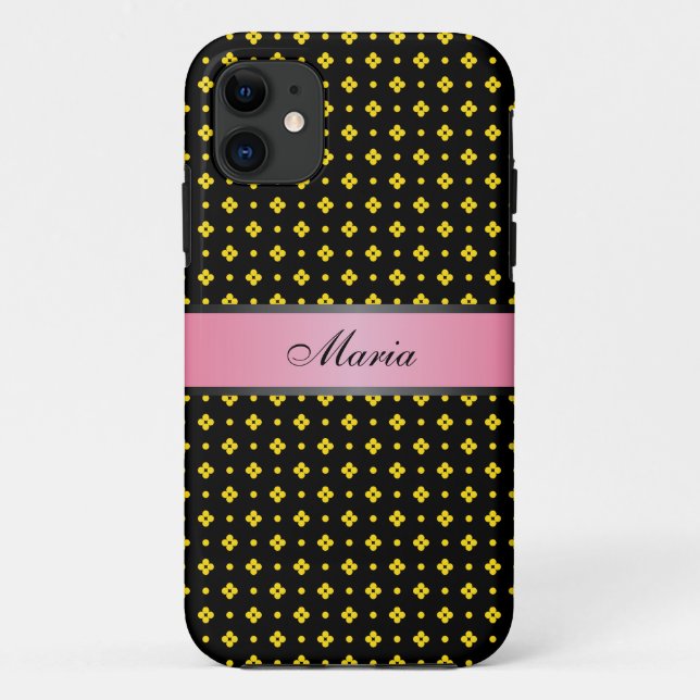 Coques Case-Mate iPhone Motif de points jaunes Rose 2 Nom personnalisé (Dos)
