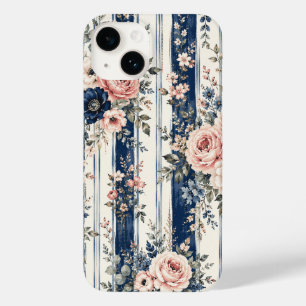 Coque Case-Mate iPhone Motif de rayure florale marine à l'aquarelle Desig