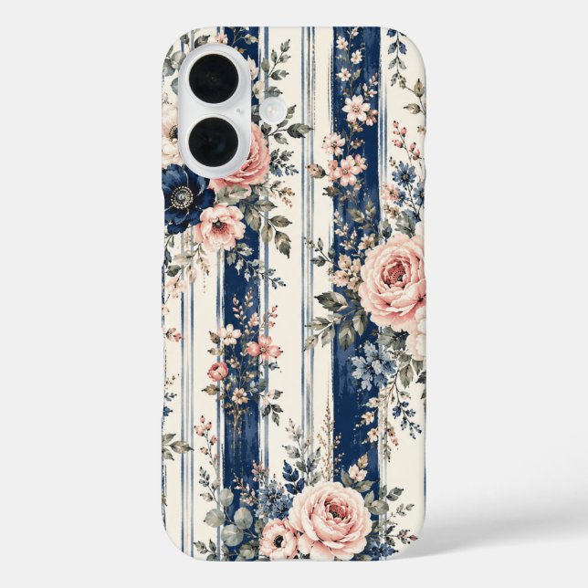 Coques Case-Mate iPhone Motif de rayure florale marine à l'aquarelle Desig (Verso)