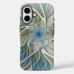 Coque Pour iPhone 16 Motif de rêve floral Abstrait Bleu Kaki Fractal