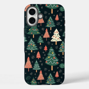 Coque Pour iPhone 16 Plus Motif de sapin de Noël vert et corail festif
