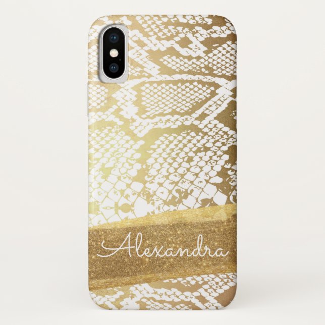 Coques Case-Mate iPhone Motif de serpent blanc et or avec Parties scintill (Dos)