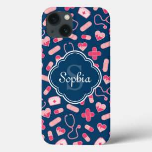 Case-Mate iPhone Case Motif de soins infirmiers rose et bleu avec Monogr