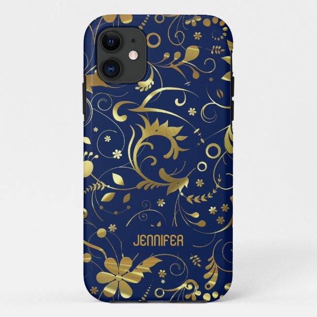 Coques Case-Mate iPhone Motif De Tissu Floral Bleu Marine Et Or (Dos)