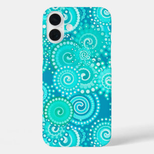 Coques iPhone 16 Plus Motif de tourbillon fractal, nuances de bleu océan