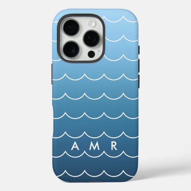 Coques Case-Mate iPhone Motif de vague bleu calmant avec Monogramme (Verso)