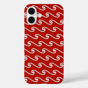 Coque Pour iPhone 16 Plus Motif de vague chinois - blanc sur fond rouge fonc