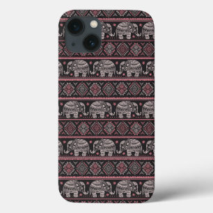 iPhone 13 Coque Motif d'éléphant ethnique noir