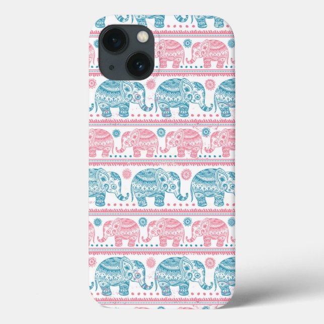 Coques Case-Mate iPhone Motif d'éléphants ethniques rose et Turquoise (Verso)