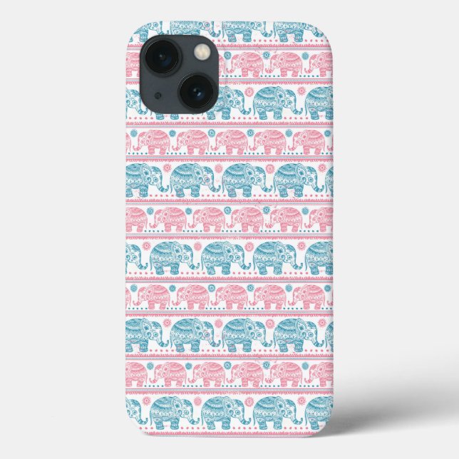 Coques Case-Mate iPhone Motif d'éléphants ethniques rose et Turquoise (Verso)
