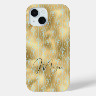 Coque Case-Mate iPhone Motif diamant Art déco, or et sarcelle, nom en écr