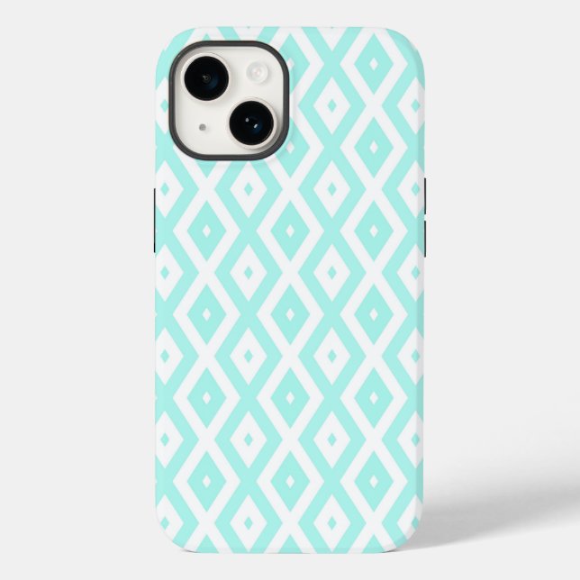 Coques Case-Mate iPhone Motif diamant turquoise et blanc (Verso)