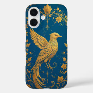 Coque Pour iPhone 16 Motif d'oiseau doré complexe avec motifs floraux