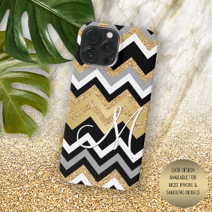 Coque Case-Mate iPhone Motif élégant noir or argenté à motif zigzag perso