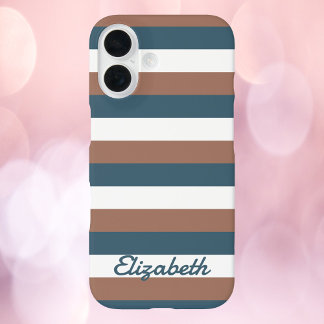 Coque Pour iPhone 16 Motif en bande Brown Blanc Turquoise Personnaliser