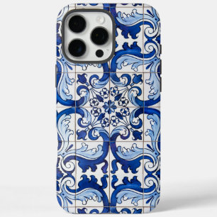 Coque iPhone 16 Pro Max Motif en carreaux vernis bleu portugais Azulejo