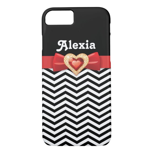 Coques Case-Mate iPhone Motif en chevron blanc noir avec arc rouge et bijo (Dos)