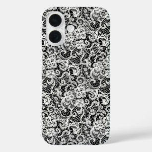 Coque Pour iPhone 16 Motif en dentelle blanche sur noir