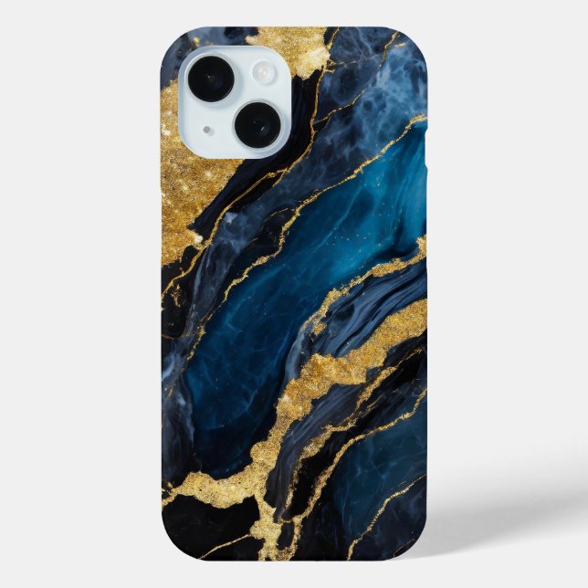 Coques Case-Mate iPhone Motif en marbre bleu avec or (Verso)