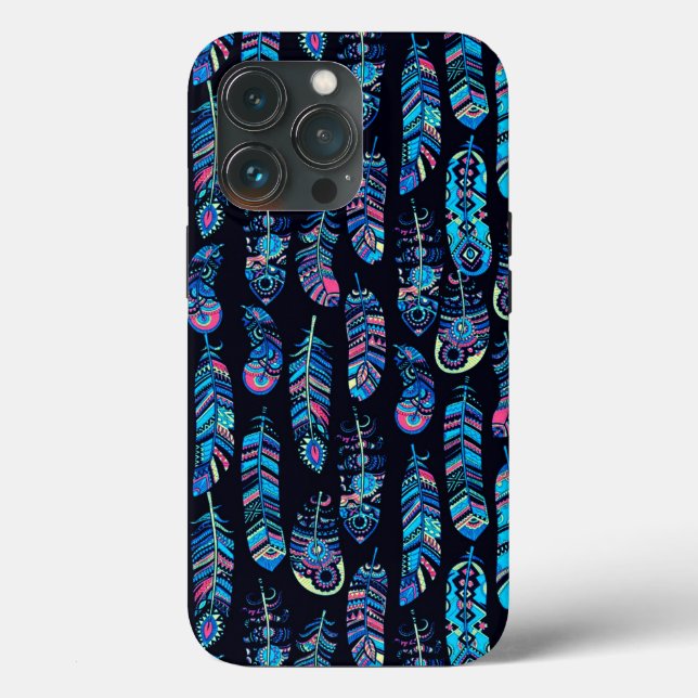 Coques Case-Mate iPhone Motif en plume noir et turquoise (Verso)