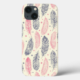 iPhone 13 Coque Motif Ethnique De Plumes Rose Et Violet