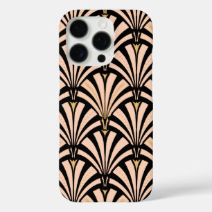 Coque iPhone 16 Pro Motif éventail Art Déco - pêche sur fond noir