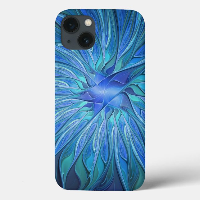 Coques Case-Mate iPhone Motif fantaisie fleur bleue, art fractal abstrait (Verso)