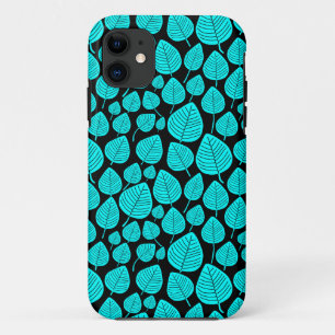 Coques Pour iPhone Motif feuille 02 - Cyan sur noir